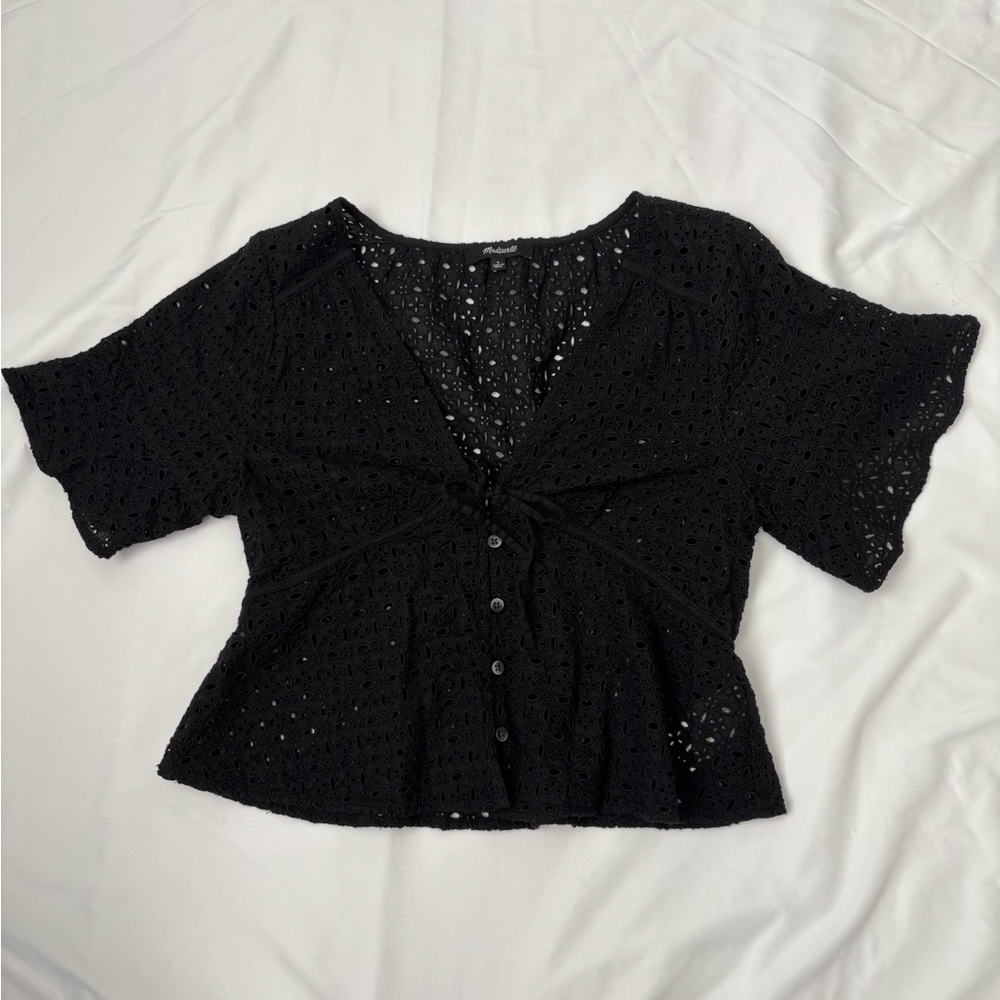 Black Eyelet Button-Up Women's Top